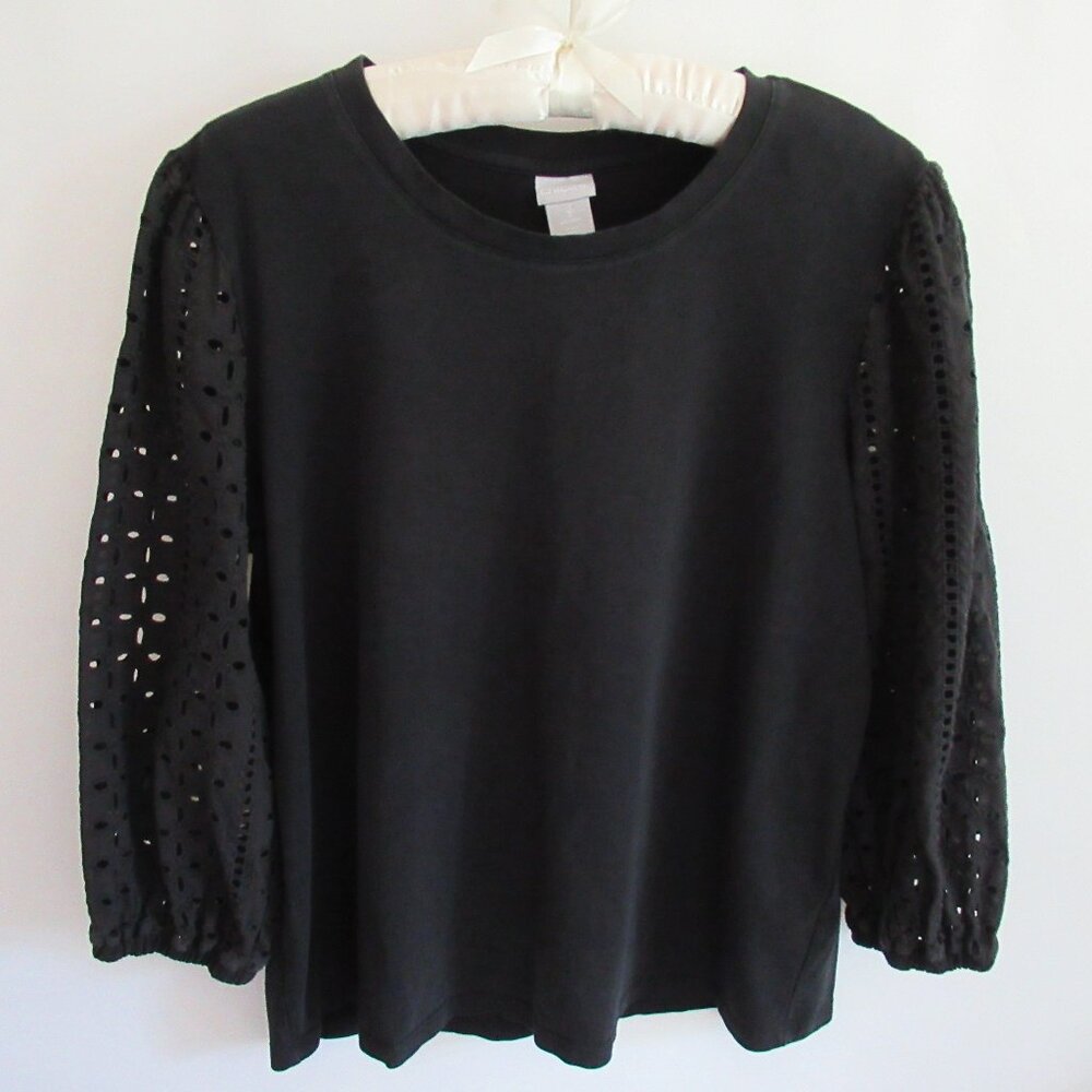 Chico's black cotton blend scoop neck 3/4 eyelet sleeves tee *Sz L*